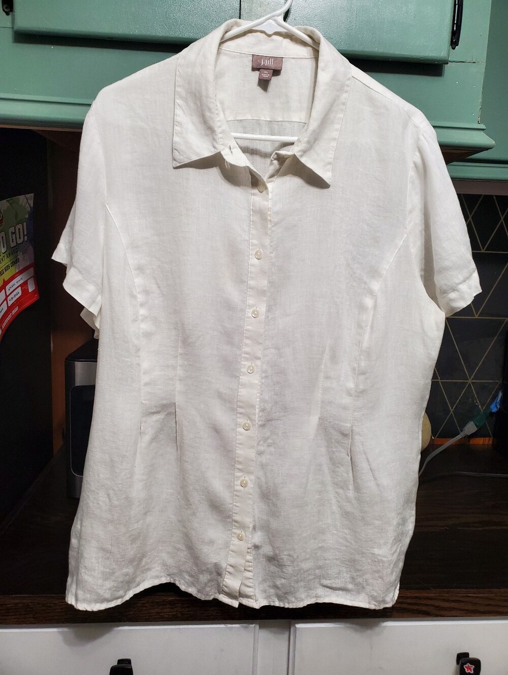 J. Jill White 100% Linen Button Down Short Sleeve Shirt Size XL Relaxed Fit